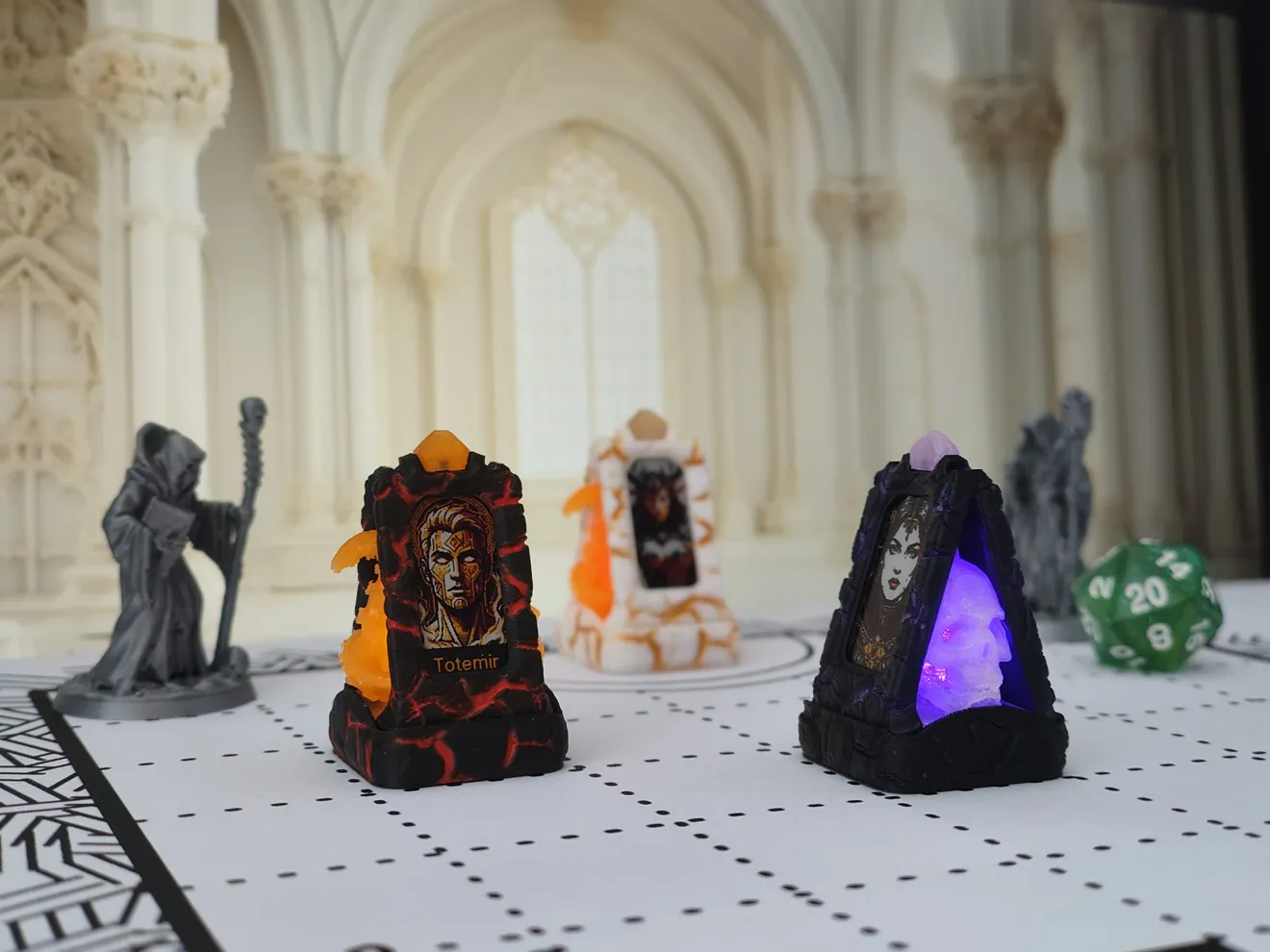 Totem Forge tokens beside a classic miniature and a d20 on a battle map