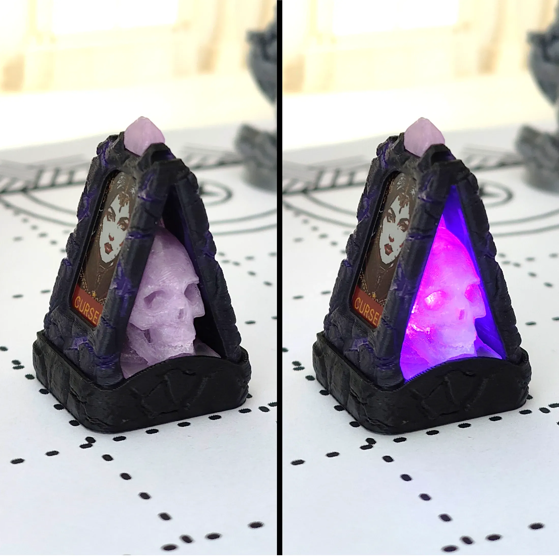 A cursed skull totem shown with its LED glow off, then on
