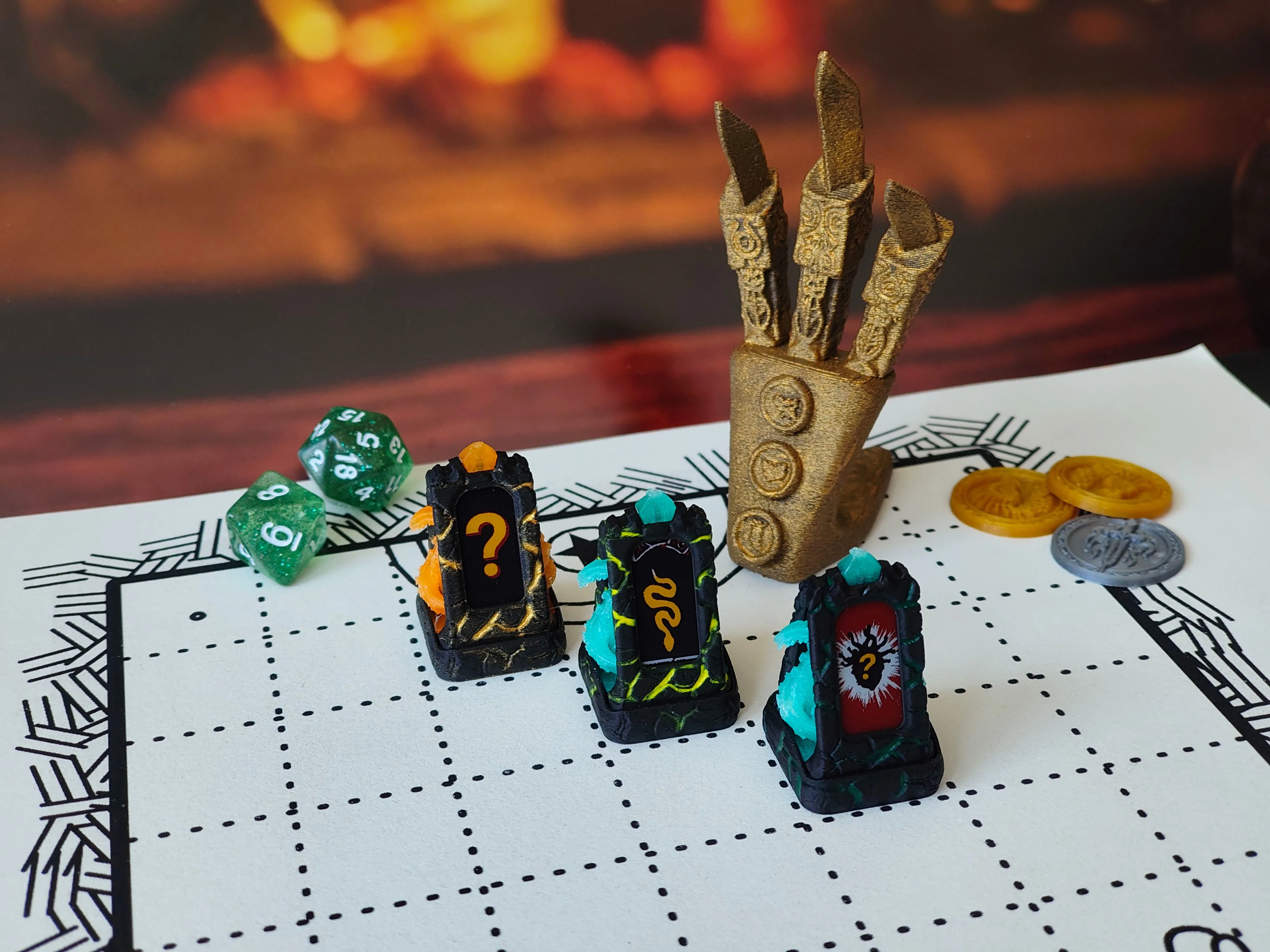 Rune totems showing question marks, a serpent and a trap symbol arranged on a grid map